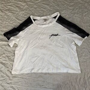 PINK Victoria's Secret White Crop Top with Black Mesh Sleeves